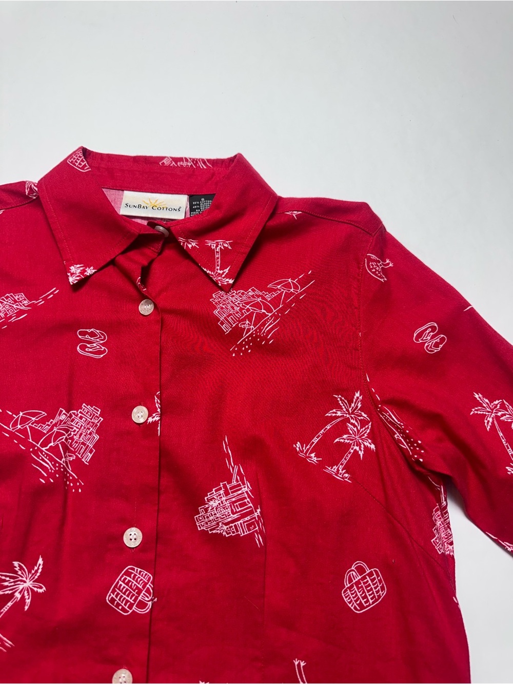 Sunbay Tropical Island Print Button Front Shirt Red Cotton Rayon Blouse Small